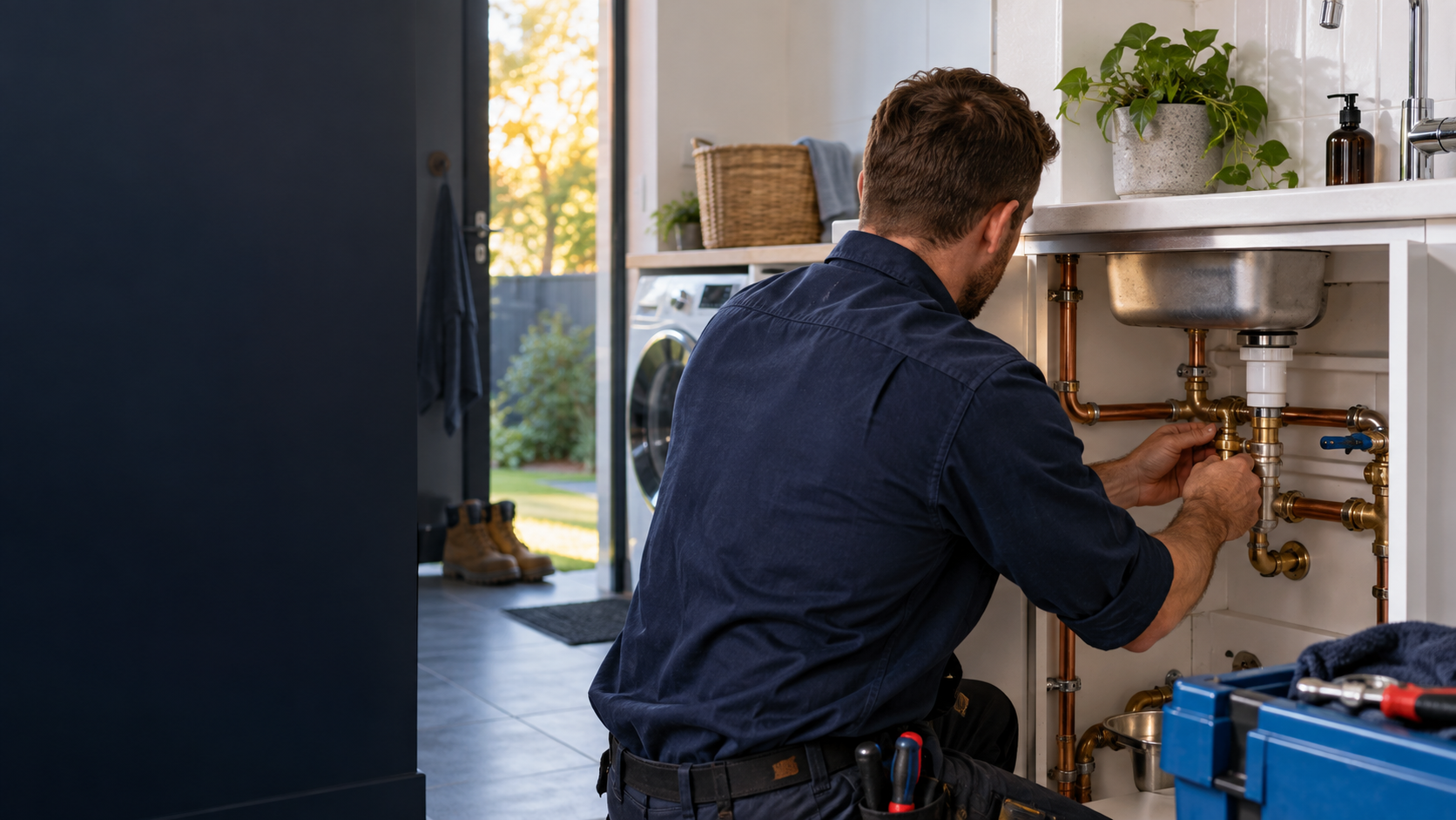 Plumber working on household pipework in a modern utility room